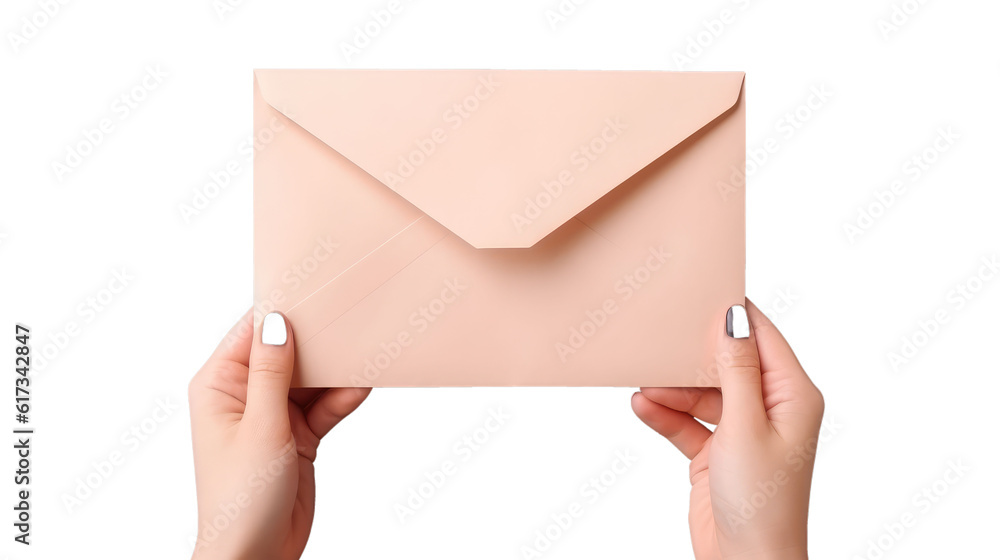 Photography of Female Hand Holding Pink Envelope on White Background.