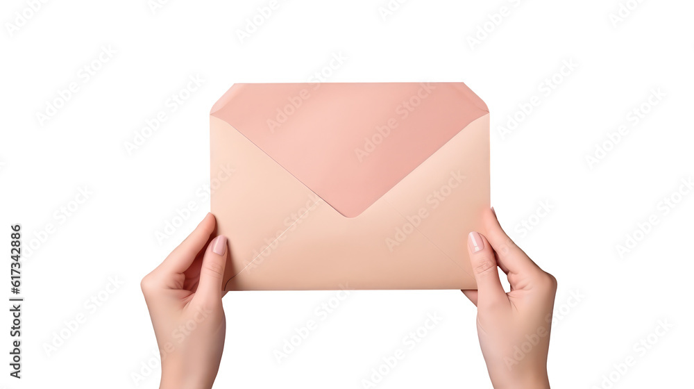 Top View of Female Hand Holding Pink Envelope Element. Top View of Female Hand Holding Pink Envelope Element.