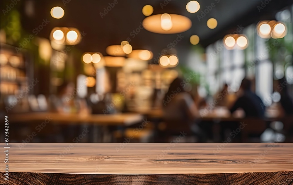 Coffee Delight. Product Showcase. Empty Wooden Table with Blurred Coffeeshop Background