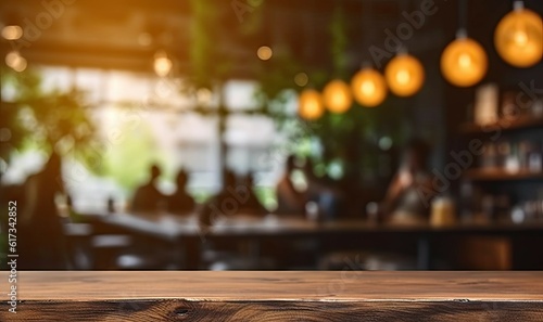 Coffee Delight. Product Showcase. Empty Wooden Table with Blurred Coffeeshop Background © Bussakon