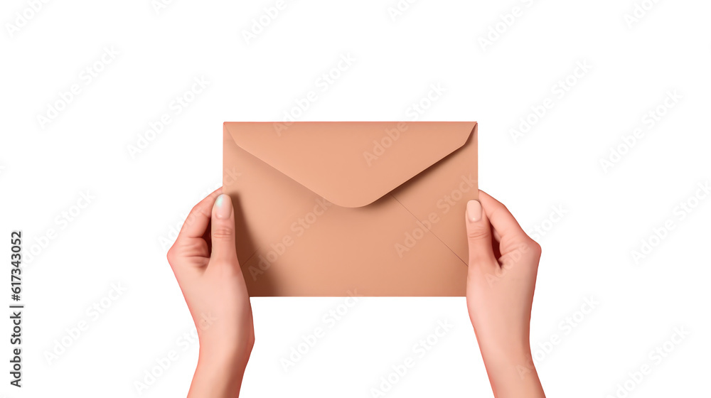 Fototapeta premium Top View Photo of Female Hand Holding Peach Envelope Element.