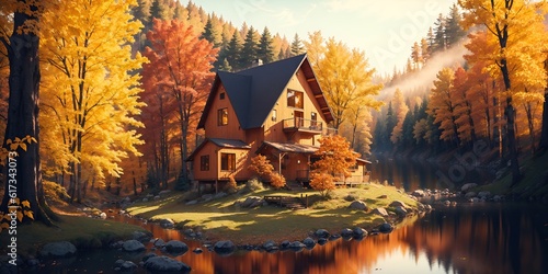 Autumn landscape, a house in the forest by the river.