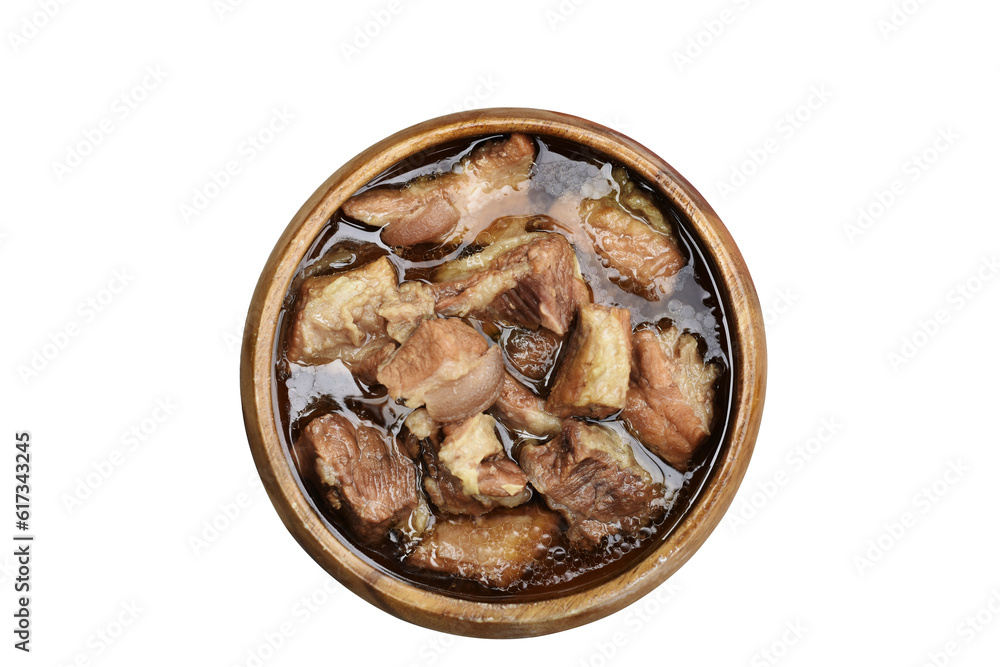 Beef soup in wooden bowl ,isolated, thai food Beef soup in wooden bowl ,isolated, thai food
