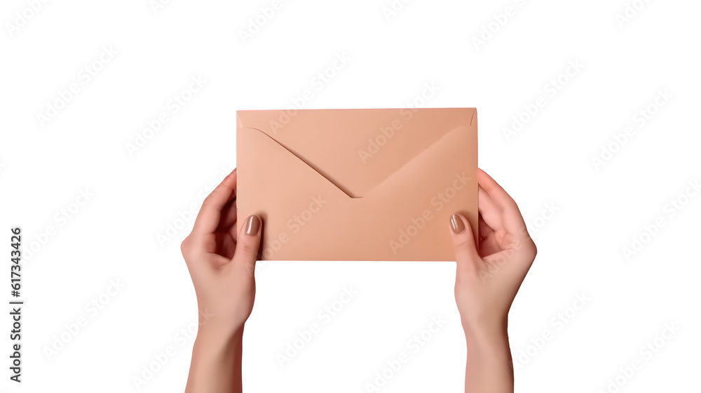 Top View Photo of Female Hand Holding Pastel Peach Envelope Element. Top View Photo of Female Hand Holding Pastel Peach Envelope Element.