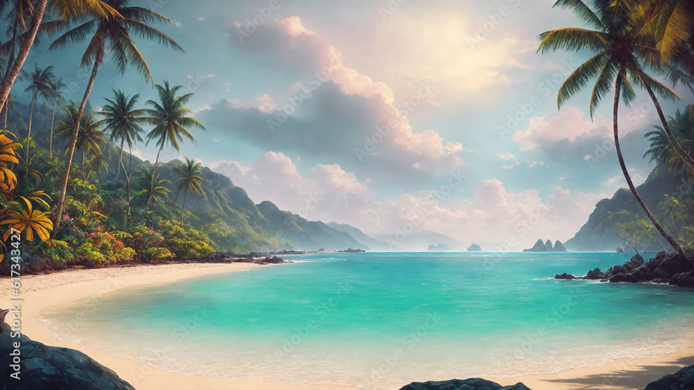  An idyllic imaginary landscape with a tropical beach, palm trees, a tranquil bay and evening light at sunset. Generative AI
