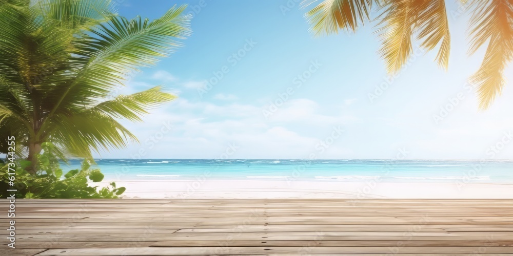 Beach Wooden surface in a beautiful ocean with clear cloudy background
