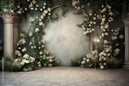 Front view, white roses garden backdrop for wedding Generative AI 