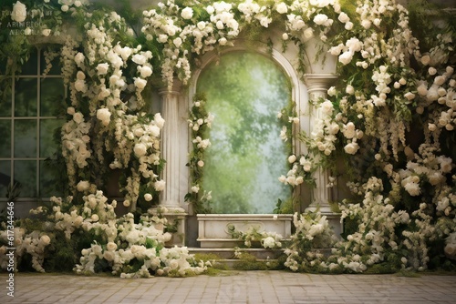 Front view, white roses garden backdrop for wedding Generative AI 
