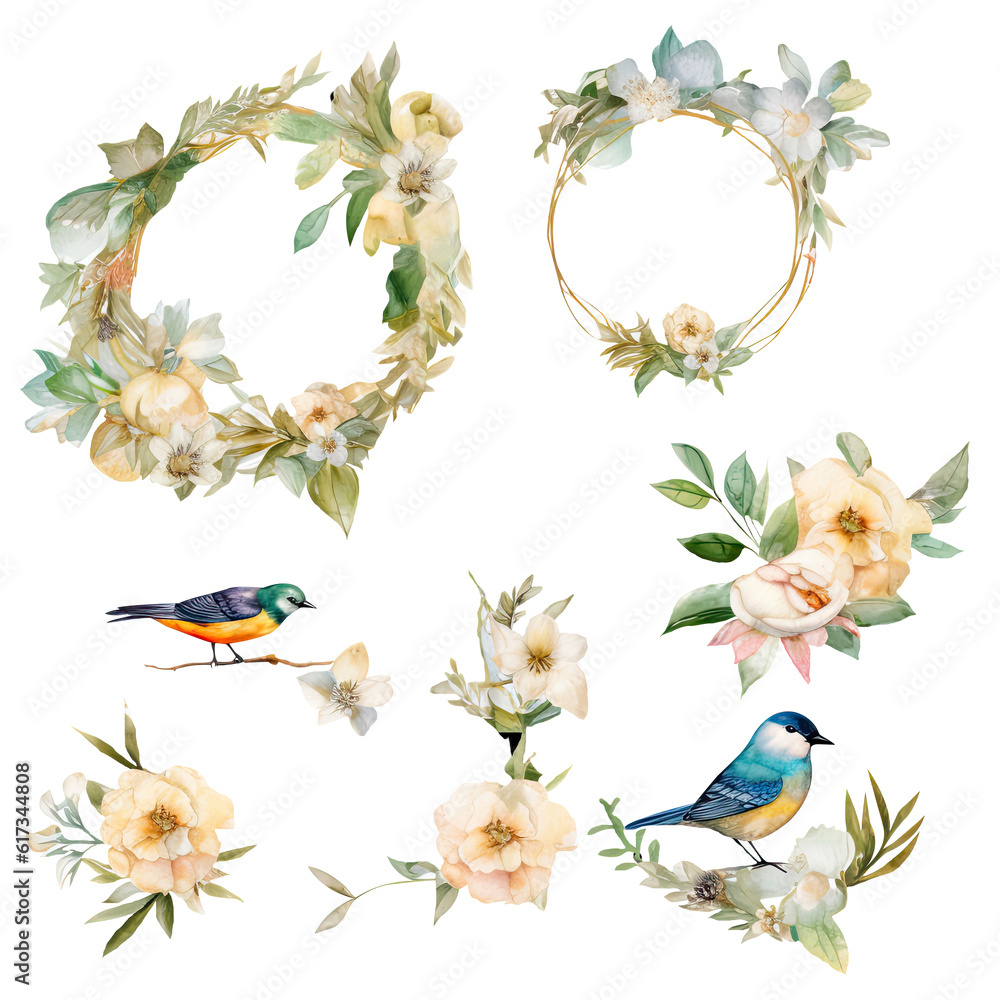 Watercolor Set of Birds with Flowers and Round Frame.
