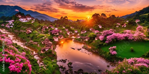 Houses with flowering trees and a river  in the mountains at sunset  dawn.
