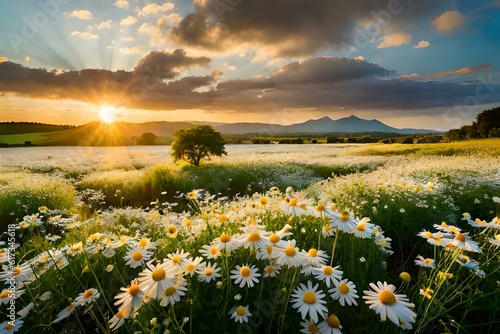 field of daisies and sunset Generated Ai