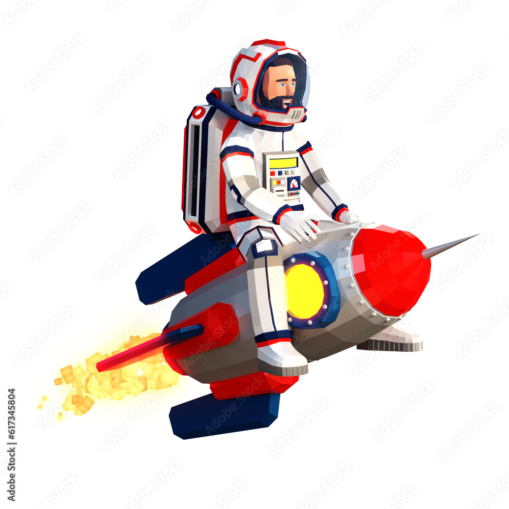 3D astronaut in a spacesuit flying, sitting atop a rocket like a cowboy. Low-poly cartoon style. 3D astronaut in a spacesuit flying, sitting atop a rocket like a cowboy. Low-poly cartoon style.