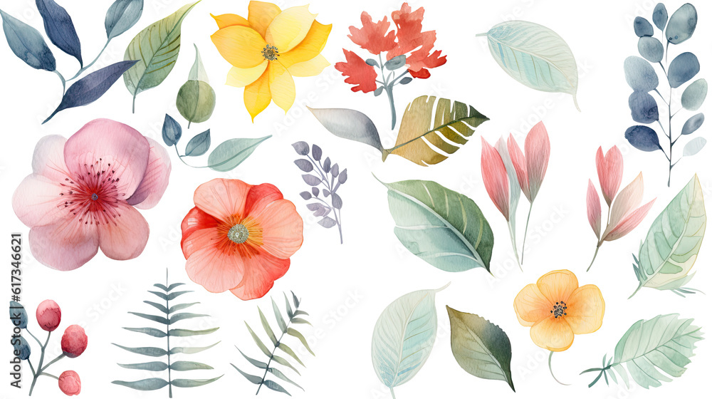 Naklejka premium Colorful Watercolor Anemone Flower and Leaves Decorated Background.