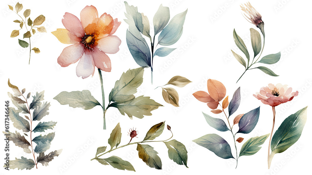Watercolor Leaves and Flower Decorated Background.