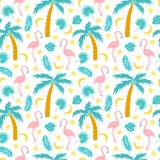Summer seamless pattern with palm trees, flamingos and tropical flowers and fruit. Cute tropical surface design for wrapping paper, scrapbooking, textile, fabric and prints.