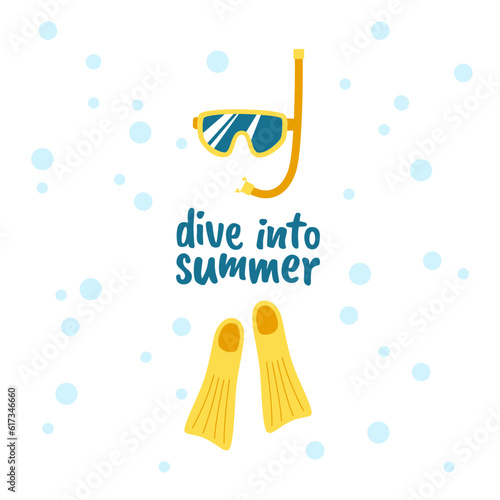 Swimming equipment: mask and flippers for diving. Vector illustration of diving hobby equipment