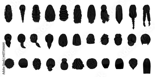 Women hairstyle concept. Icon collection with natural wigs and beautiful hairstyles. Back view vector illustration. Black color