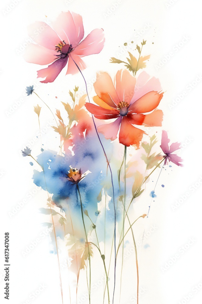 Wildflower colorful watercolor art thin flowers on white background Generative AI 