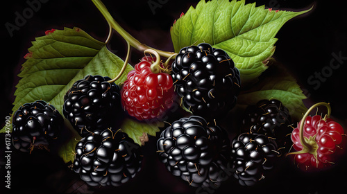 3D Art Image or Realistic Blackberries Branch on Black Background. Generative AI.