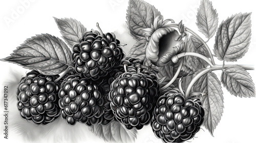 Realistic Drawing Blackberries Branch on Black Background. Generative AI.