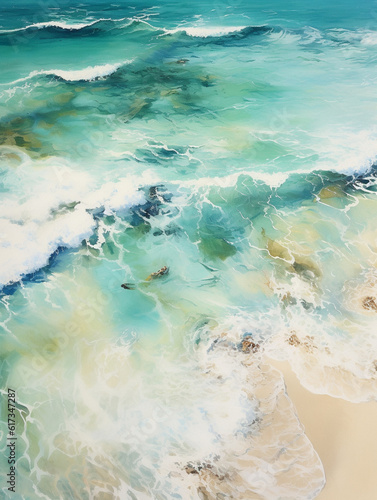 Beach waves clashing in turquoise sea foam, created with AI Generative Technology © Ruben Chase