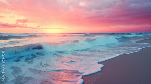 A sunrise on the horizon creates a beautiful contrast between the calm, rolling waves of the ocean and the wild nature of the beach, making it a breathtaking seascape. Background wallpaper