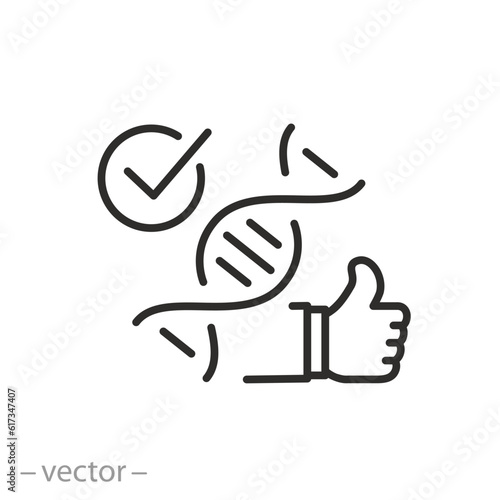 gmo certified icon, lab tested product, approved use, line symbol on white background - editable stroke vector illustration eps10