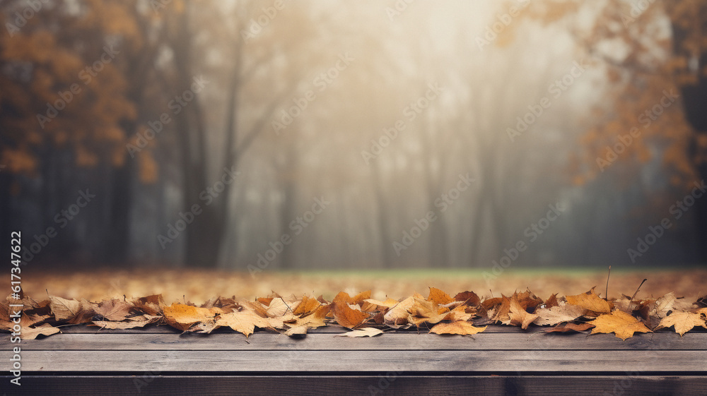 Autumn themed empty table background, created with AI Generative Technology