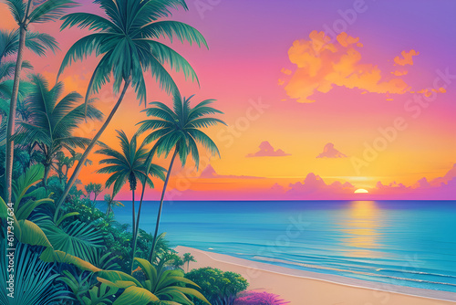 An illustration of beach lanscape with palm trees. (AI-generated fictional illustration) 