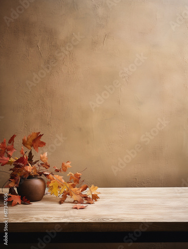 Autumn themed empty table background, created with AI Generative Technology