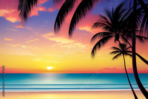 An illustration of beach lanscape with palm trees. (AI-generated fictional illustration) 