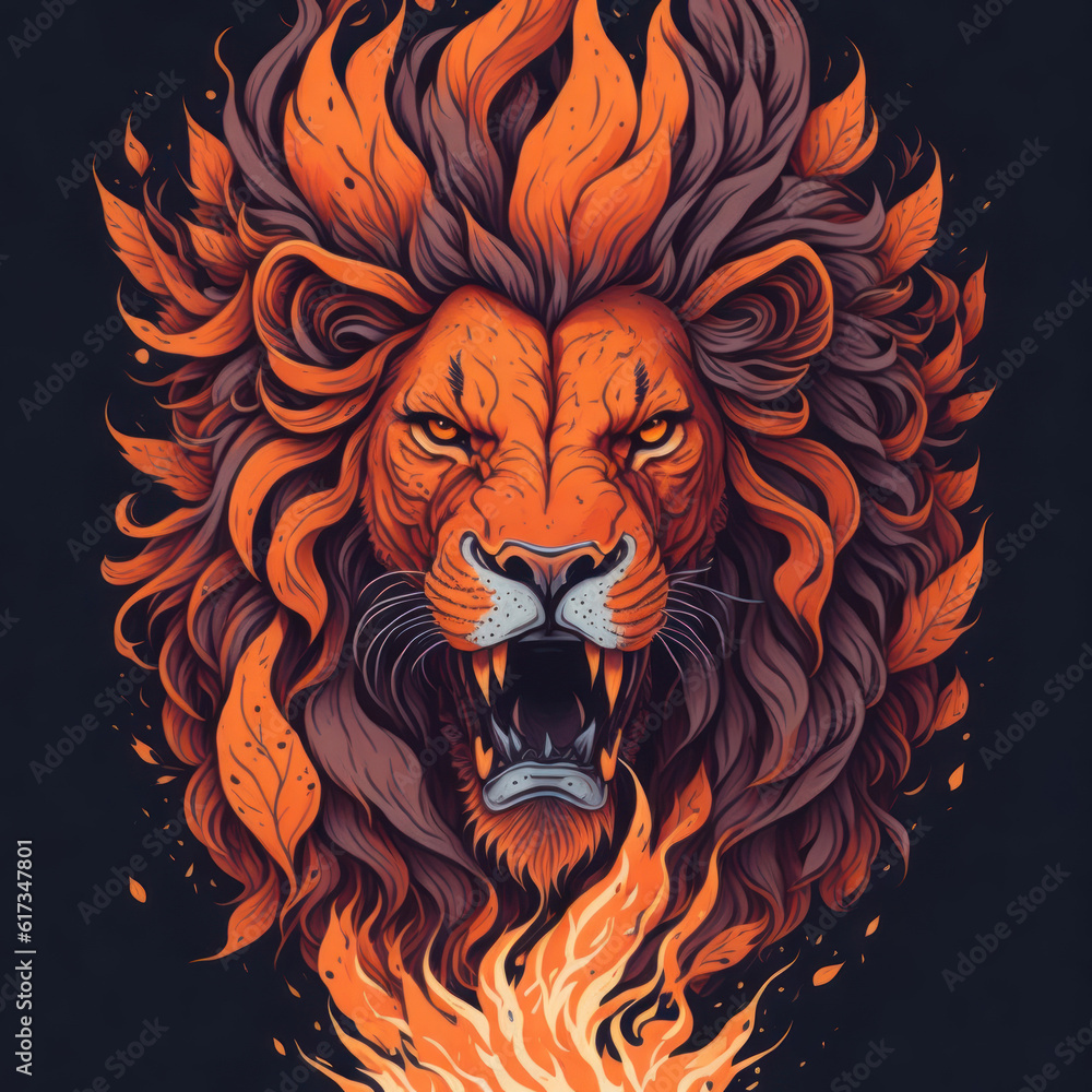  A fantasy watercolor painting of lion head with fire spinning against black background.Generative AI
