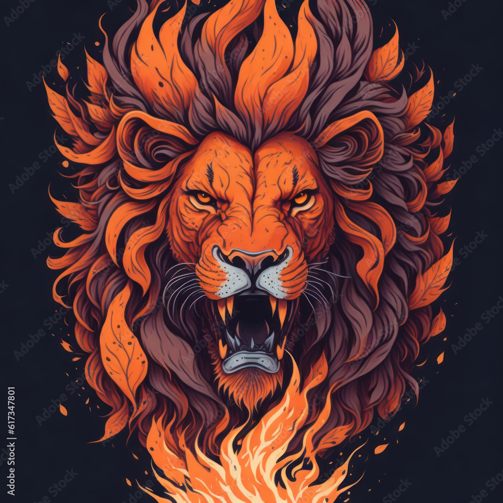 A fantasy watercolor painting of lion head with fire spinning against black background.Generative AI A fantasy watercolor painting of lion head with fire spinning against black background.Generative AI