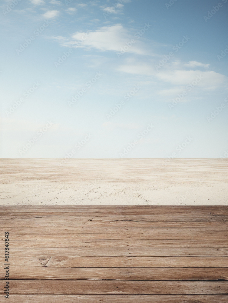 Beach themed empty table background, created with AI Generative Technology Beach themed empty table background, created with AI Generative Technology