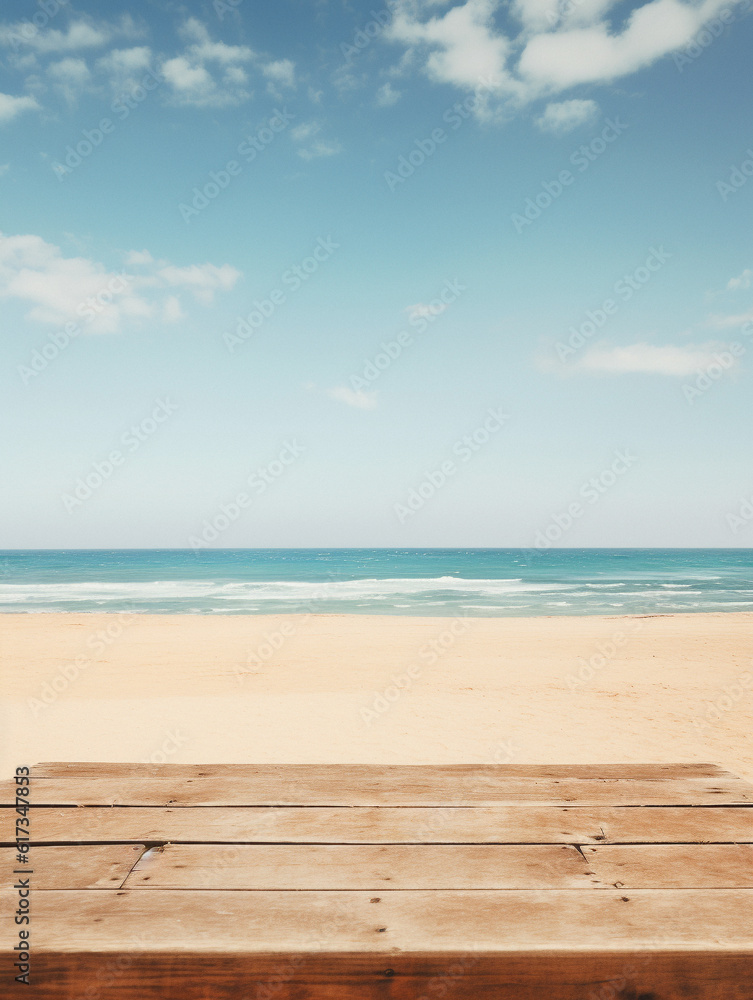 Fototapeta premium Beach themed empty table background, created with AI Generative Technology