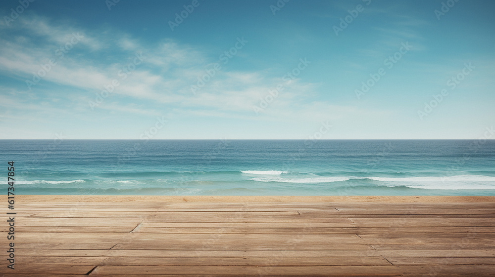 Fototapeta premium Beach themed empty table background, created with AI Generative Technology