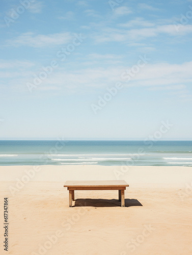 Beach themed empty table background  created with AI Generative Technology