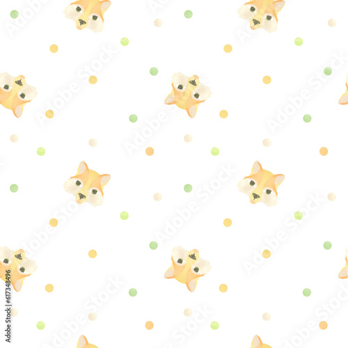 Seamless pattern with funny fox faces and colored circles. Watercolor illustration highlighted on a white background. A set OF ANIMAL FACES. Suitable for children's textile design, printing, wallpaper