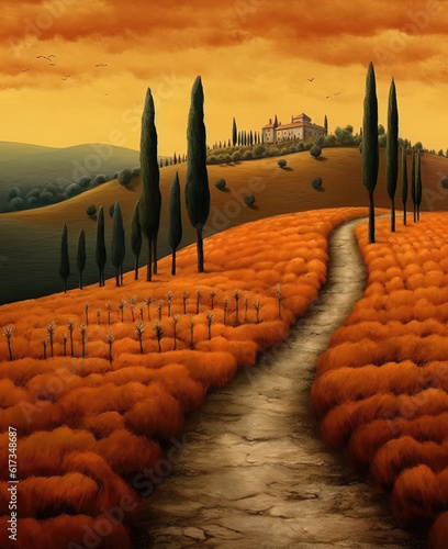 Watercolor autumn landscape, ripe harvest, houses and trees in Tuscany, on a cloudy day.