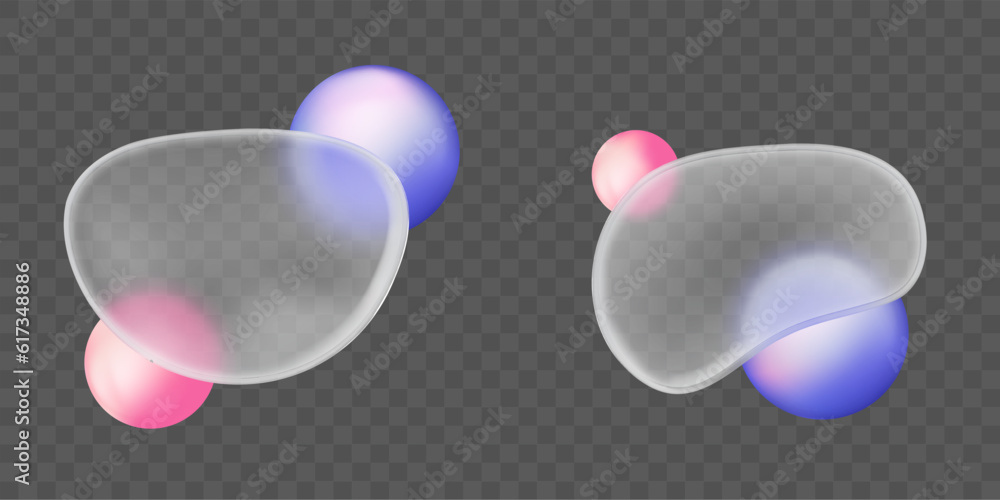 Glass morphism 3d vector effect set with blob shape. Gradient blur abstract texture effect in pink and blue eps template. Plastic ball ui design plate mockup. Futuristic blurry glassy color elements.