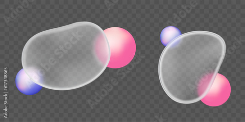 3d glass morphism blob shape set with gradient blur effect. Abstract vector frame texture with geometric glossy plate elements. Pink and purple round sphere bubble near frosted object icon graphic.
