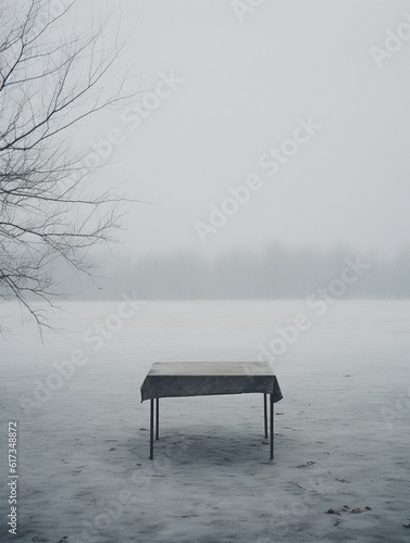Winter themed empty table background, created with AI Generative Technology