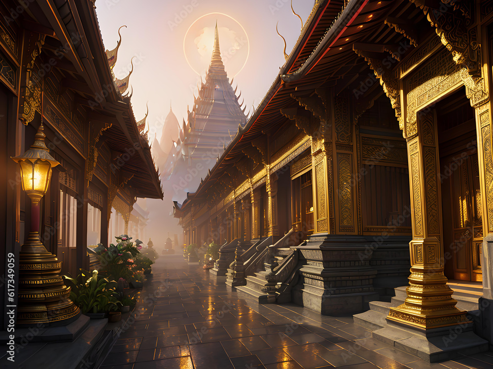 1.Thai temple, fantasy style, in the midst of the evening sun