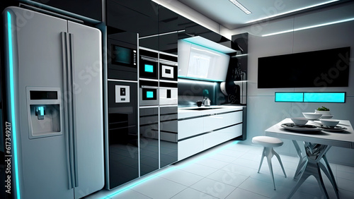Modern Futuristic Kitchen Interior with Smart Appliances, Wall Maunted Digital Display Screen, Concept of Smart Home and Artificial Intelligence. Generative AI Technology.