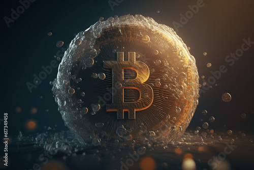 Abstract bitcoin interface with mockup place. Bitcoin mining in deep golden cave. Cryptocurrency and finance concept. Crypto currency golden coin with black lackered bitcoin symbol on obverse. photo