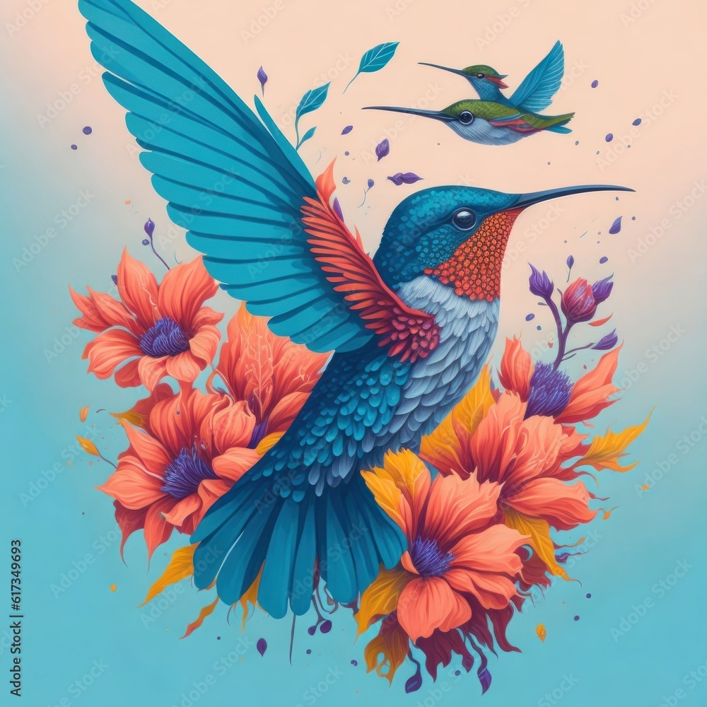Obraz premium A fantasy watercolor painting of hummingbird with flower spinning against grey background.Generative AI