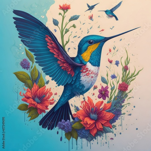 A fantasy watercolor painting of hummingbird with flower spinning against grey background.Generative AI © 2D_Jungle