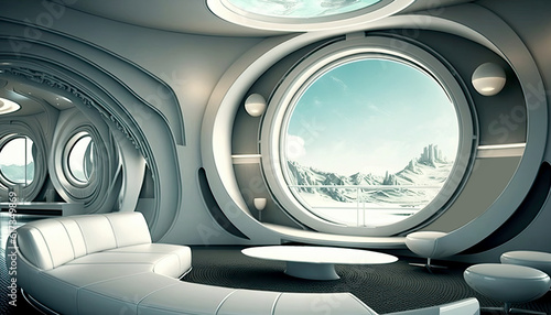 Luxurious Living Room of Futuristic Space Ship with Glass Windows Offering a Stunning View of Snowy Mountain Landscape and Featuring Furniture. Generative AI.