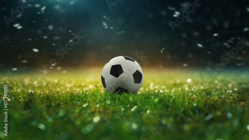 Soccer Stadium Field of soft grass, perspective view with soccer ball close-up. © Igor Link