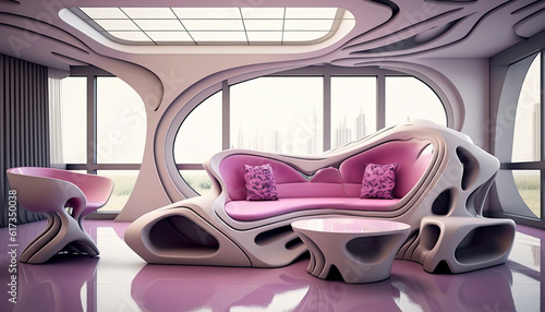 Luxury Penthouse Interior with Wraparound Glass Window Overlooking the City, Ultra Modern Furniture. White and Pink Living Room Theme, Generative AI Technology.